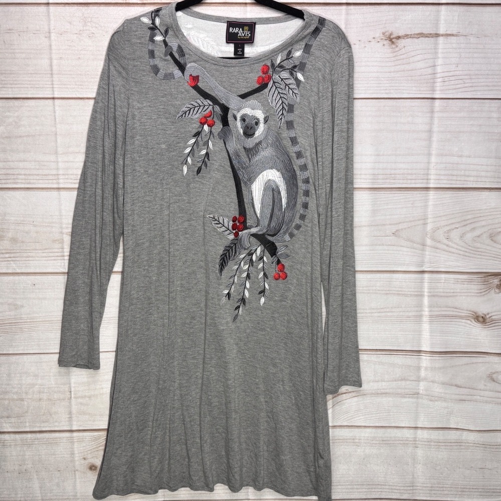 Rara Avis by Iris Apfel‎ Gray Lemur Embroidered Long Sleeve Tunic Dress Large